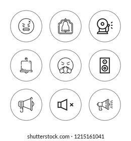 Loud icon set. collection of 9 outline loud icons with angry, bell, megaphone, ring bell, subwoofer icons. editable icons.