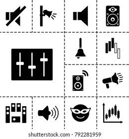Loud icons. set of 13 editable filled loud icons such as emoji in mask, megaphone, volume, no sound, loud speaker set, sliders, loudspeaker, bell, music loudspeaker
