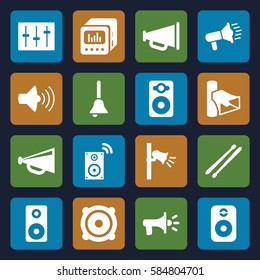 loud icons set. Set of 16 loud filled icons such as megaphone, volume, speaker, sliders, drum stick, loud speaker with equalizer, loudspeaker, bell