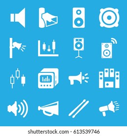 Loud icons set. set of 16 loud filled icons such as megaphone, volume, speaker, loud speaker set, drum stick, loud speaker with equalizer, panel control