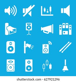 Loud icons set. set of 16 loud filled icons such as volume, megaphone, no sound, loud speaker set, loudspeaker, drum stick, bell, speaker, music loudspeaker, panel control