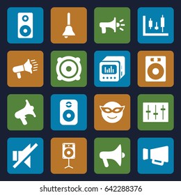 Loud icons set. set of 16 loud filled icons such as emoji in mask, volume, megaphone, no sound, speaker, sliders, loud speaker with equalizer, loudspeaker, bell