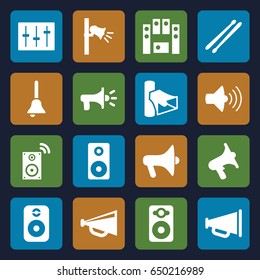 Loud icons set. set of 16 loud filled icons such as megaphone, volume, speaker, loud speaker set, sliders, drum stick, loudspeaker, bell