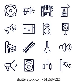 Loud icons set. set of 16 loud outline icons such as volume, speaker, loud speaker set, sliders, drum stick, megaphone, loudspeaker, bell, music loudspeaker