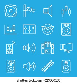 Loud icons set. set of 16 loud outline icons such as volume, speaker, megaphone, loud speaker set, sliders, drum stick, music loudspeaker, emoji in mask, panel control