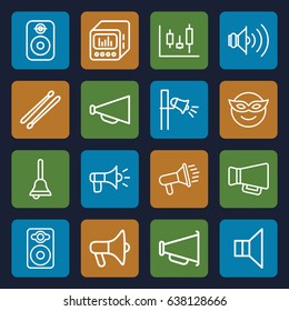 Loud icons set. set of 16 loud outline icons such as megaphone, speaker, drum stick, loud speaker with equalizer, volume, bell, emoji in mask