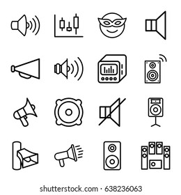 Loud icons set. set of 16 loud outline icons such as megaphone, volume, no sound, speaker, loud speaker set, loud speaker with equalizer, emoji in mask