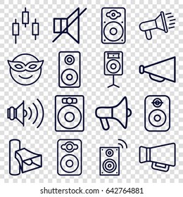 Loud icons set. set of 16 loud outline icons such as megaphone, volume, speaker, no sound, loudspeaker, music loudspeaker, emoji in mask