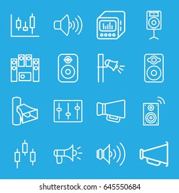 Loud icons set. set of 16 loud outline icons such as volume, speaker, megaphone, loud speaker set, sliders, loud speaker with equalizer, panel control