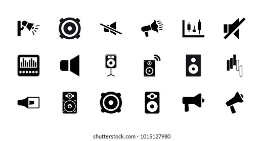 Loud icons. set of 18 editable filled loud icons: panel control, megaphone, speaker, no sound, loudspeaker, music loudspeaker, control panel, volume