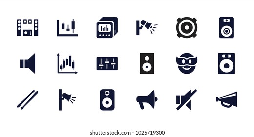 Loud icons. set of 18 editable filled loud icons: megaphone, speaker, panel control, no sound, drum stick, emoji in mask