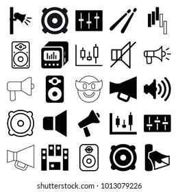 Loud icons. set of 25 editable filled and outline loud icons such as panel control, volume, speaker, loud speaker set, sliders, megaphone, no sound, control panel