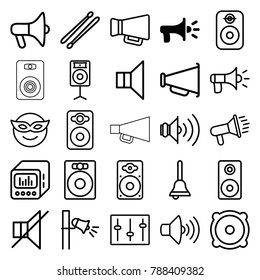 Loud icons. set of 25 editable outline loud icons such as megaphone, emoji in mask, speaker, volume, no sound, sliders, loudspeaker, drum stick, loud speaker with equalizer