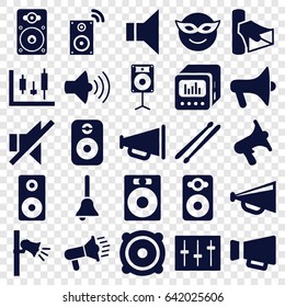 Loud icons set. set of 25 loud filled icons such as megaphone, emoji in mask, volume, speaker, no sound, sliders, loudspeaker, drum stick, loud speaker with equalizer, bell