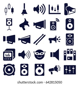 Loud icons set. set of 25 loud filled icons such as megaphone, emoji in mask, volume, speaker, loud speaker set, sliders, loudspeaker, drum stick, bell, panel control