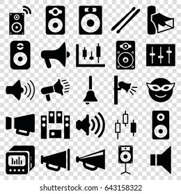 Loud icons set. set of 25 loud filled icons such as megaphone, emoji in mask, volume, speaker, loud speaker set, sliders, loudspeaker, drum stick, bell, panel control