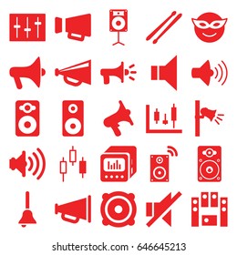 Loud icons set. set of 25 loud filled icons such as megaphone, emoji in mask, volume, speaker, no sound, loud speaker set, sliders, loudspeaker, drum stick, bell