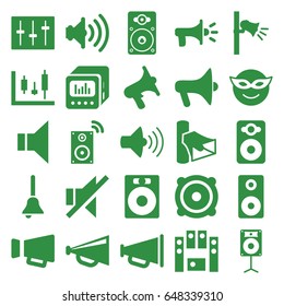 Loud icons set. set of 25 loud filled icons such as megaphone, emoji in mask, volume, speaker, no sound, loud speaker set, sliders, loudspeaker, bell
