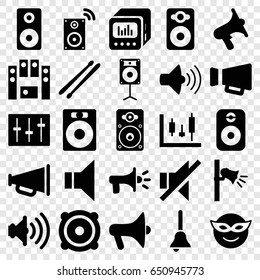 Loud icons set. set of 25 loud filled icons such as emoji in mask, volume, speaker, megaphone, no sound, loud speaker set, sliders, loudspeaker, drum stick, bell