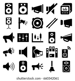 Loud icons set. set of 25 loud filled icons such as megaphone, volume, speaker, no sound, loud speaker set, sliders, loudspeaker, drum stick, bell