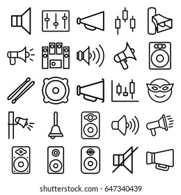 Loud icons set. set of 25 loud outline icons such as megaphone, volume, speaker, no sound, loud speaker set, sliders, loudspeaker, drum stick, bell, emoji in mask