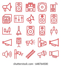 Loud icons set. set of 25 loud outline icons such as megaphone, volume, speaker, loud speaker set, sliders, loudspeaker, drum stick, bell, panel control