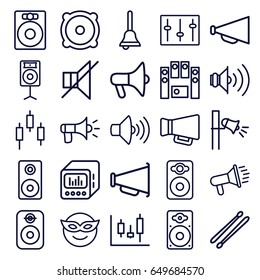 Loud icons set. set of 25 loud outline icons such as megaphone, volume, speaker, no sound, loud speaker set, sliders, drum stick, bell, emoji in mask, panel control