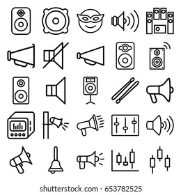 Loud icons set. set of 25 loud outline icons such as megaphone, volume, speaker, no sound, loud speaker set, sliders, drum stick, loud speaker with equalizer, bell
