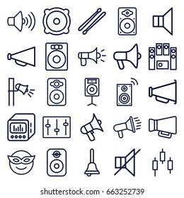 Loud icons set. set of 25 loud outline icons such as megaphone, volume, speaker, no sound, loud speaker set, sliders, loudspeaker, drum stick, bell, emoji in mask