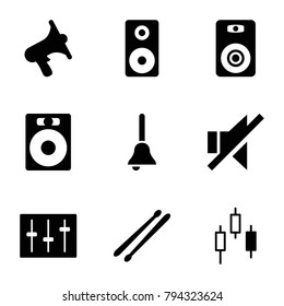 Loud icons. set of 9 editable filled loud icons such as speaker, control panel, volume, no sound, sliders, drum stick, loudspeaker