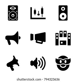 Loud icons. set of 9 editable filled loud icons such as panel control, megaphone, volume, loud speaker set, loudspeaker