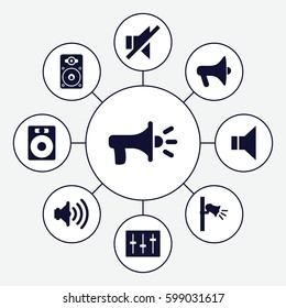 loud icons set. Set of 9 loud filled icons such as megaphone, no sound, sliders, loudspeaker, volume