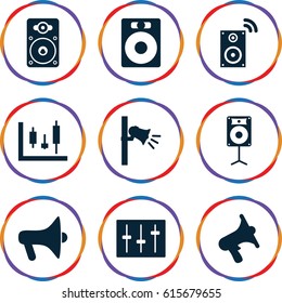 Loud icons set. set of 9 loud filled icons such as volume, sliders, loudspeaker, megaphone, music loudspeaker, speaker