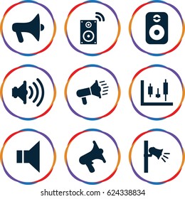 Loud icons set. set of 9 loud filled icons such as volume, megaphone, speaker, music loudspeaker
