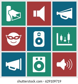 Loud icons set. set of 9 loud filled icons such as megaphone, emoji in mask, volume, speaker
