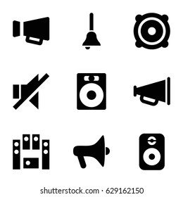 Loud icons set. set of 9 loud filled icons such as megaphone, no sound, speaker, loud speaker set