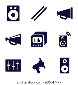 Loud icons set. set of 9 loud filled icons such as megaphone, volume, sliders, drum stick, loud speaker with equalizer, loudspeaker, music loudspeaker