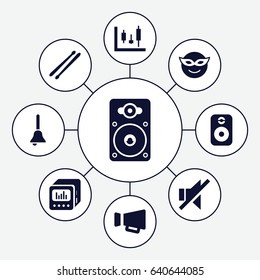 Loud icons set. set of 9 loud filled icons such as emoji in mask, megaphone, no sound, loudspeaker, drum stick, loud speaker with equalizer, bell, speaker
