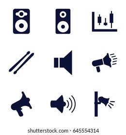 Loud icons set. set of 9 loud filled icons such as volume, speaker, megaphone, drum stick, loudspeaker