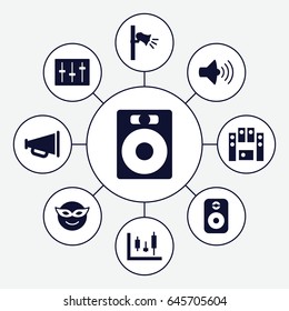 Loud icons set. set of 9 loud filled icons such as emoji in mask, volume, loud speaker set, sliders, megaphone, speaker