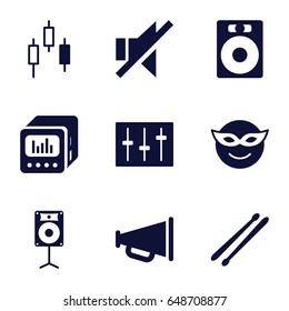 Loud icons set. set of 9 loud filled icons such as emoji in mask, no sound, sliders, drum stick, loud speaker with equalizer, loudspeaker, megaphone, speaker