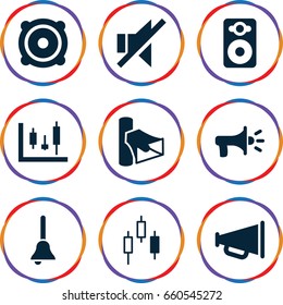Loud icons set. set of 9 loud filled icons such as volume, speaker, no sound, bell, megaphone, panel control