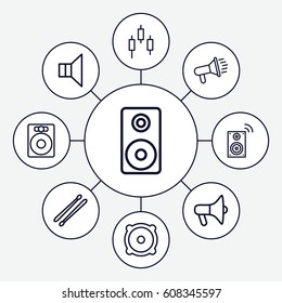 Loud icons set. set of 9 loud outline icons such as megaphone, speaker, drum stick, loudspeaker, music loudspeaker