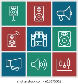 Loud icons set. set of 9 loud outline icons such as volume, megaphone, loud speaker set, loudspeaker, music loudspeaker, panel control