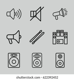 Loud icons set. set of 9 loud outline icons such as volume, speaker, no sound, loud speaker set, drum stick, loudspeaker