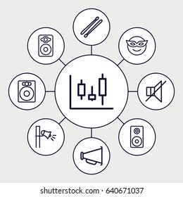 Loud icons set. set of 9 loud outline icons such as speaker, no sound, drum stick, megaphone, loudspeaker, emoji in mask
