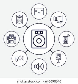 Loud icons set. set of 9 loud outline icons such as speaker, megaphone, loud speaker set, sliders, loudspeaker, volume