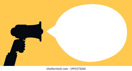 Loud megaphone message template with blank speech bubble, vector flat