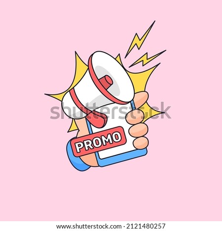 loud megaphone speaker and hand holding smartphone icon for online shop social media promotion vector illustration