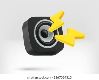 Loud music concept. Sound speaker with golden thunderbolts. 3d vector illustration